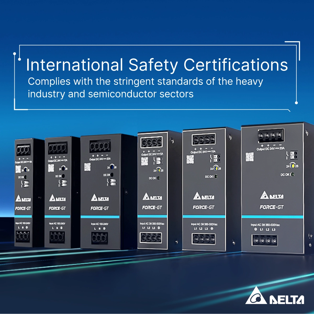 Force-GT 系列導軌型電源，榮獲多項國際安規認證，符合重工業與半導體行業的嚴格標準，已成功導入工業控制及散熱相關大廠。